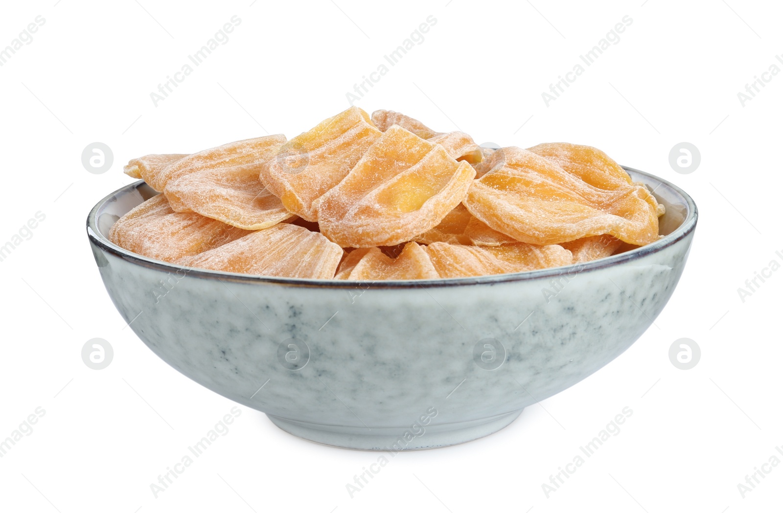 Photo of Delicious dried jackfruit slices in bowl isolated on white