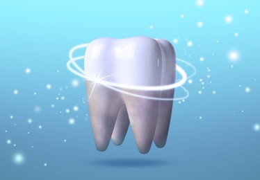 Tooth model with glowing on light blue background. Dental care