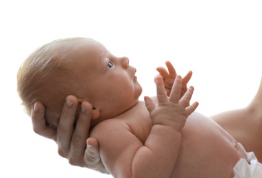 Father holding his cute newborn baby, closeup