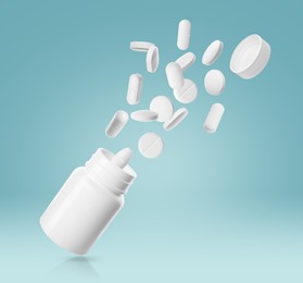 Many different white pills bursting out of bottle on light blue background