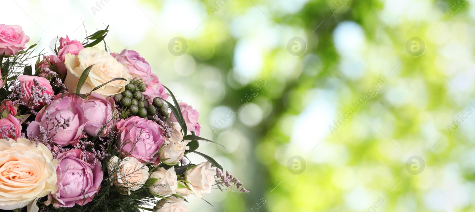 Image of Beautiful bouquet with roses outdoors on sunny day, space for text. Banner design