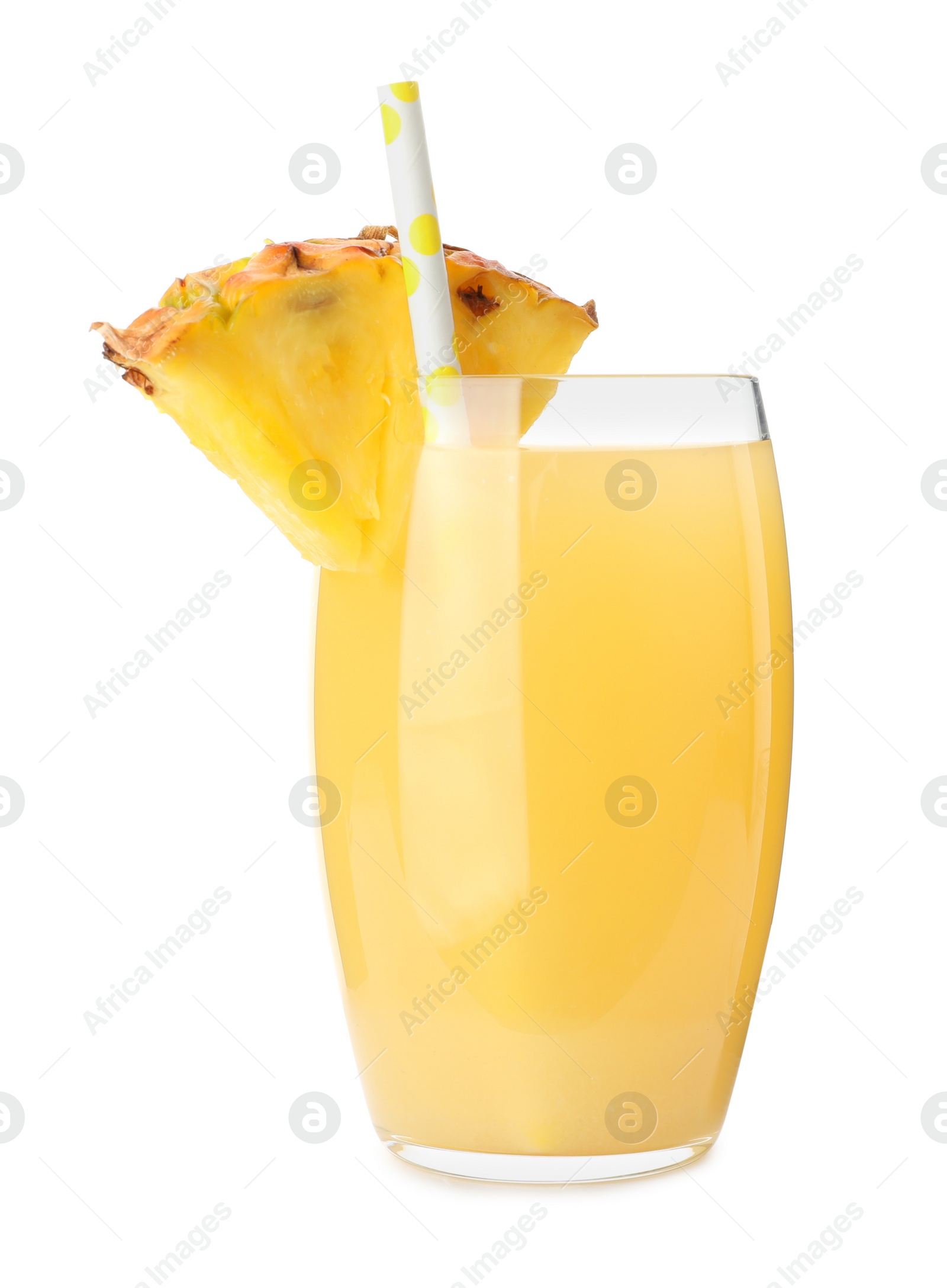 Photo of Delicious pineapple juice and fresh fruit isolated on white