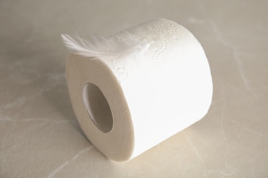 Toilet paper roll with feather on grey background