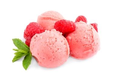 Photo of Scoops of delicious raspberry ice cream with mint and fresh berries on white background