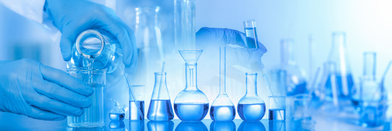 Multiple exposure of scientists doing sample analysis and laboratory glassware, banner design