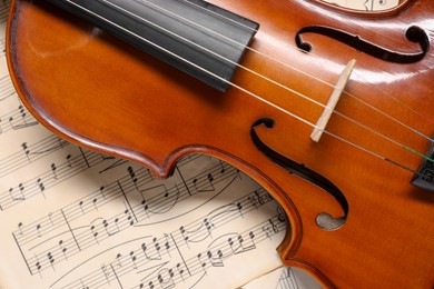 Photo of Classic violin on music sheets, top view