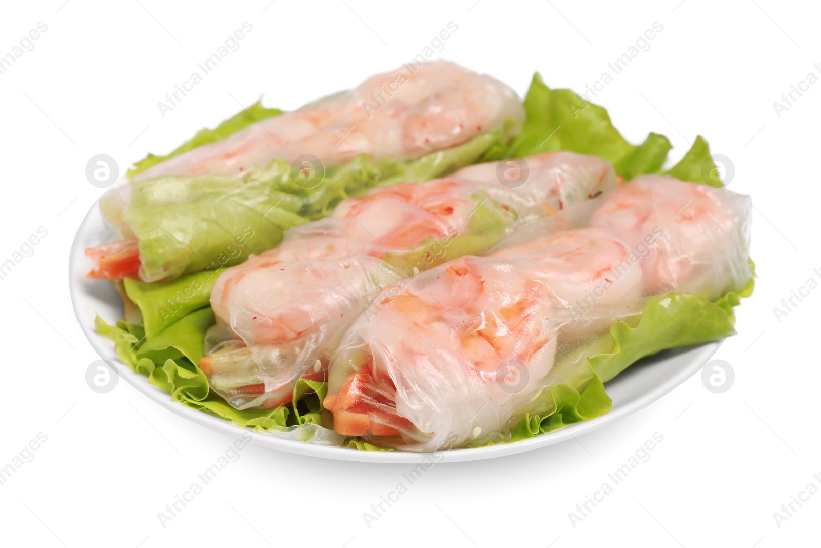 Photo of Tasty spring rolls served with lettuce on white background