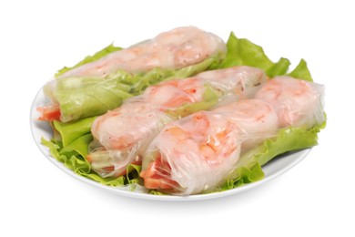 Photo of Tasty spring rolls served with lettuce on white background
