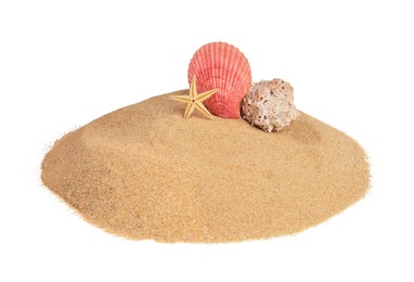 Photo of Sand with beautiful sea star and seashells isolated on white