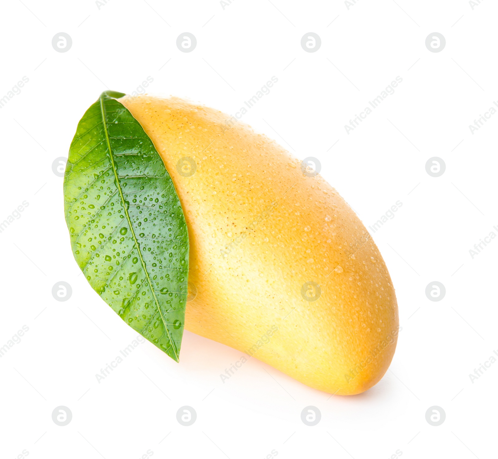 Photo of Fresh ripe mango with green leaf isolated on white