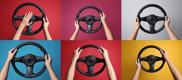 Image of Collage with photos of women with steering wheels on different color backgrounds, closeup. Banner design