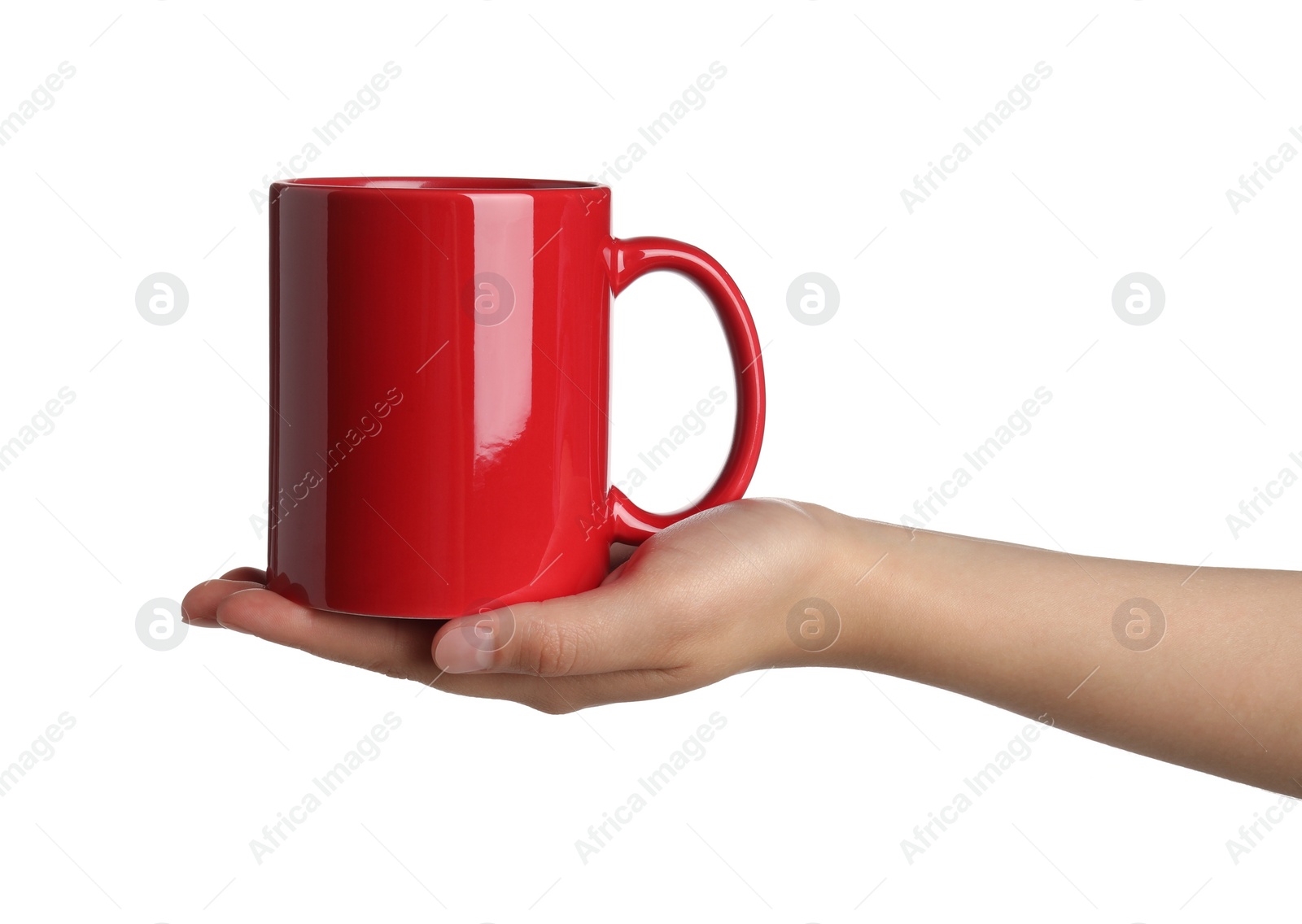 Photo of Woman holding red mug on white background, closeup