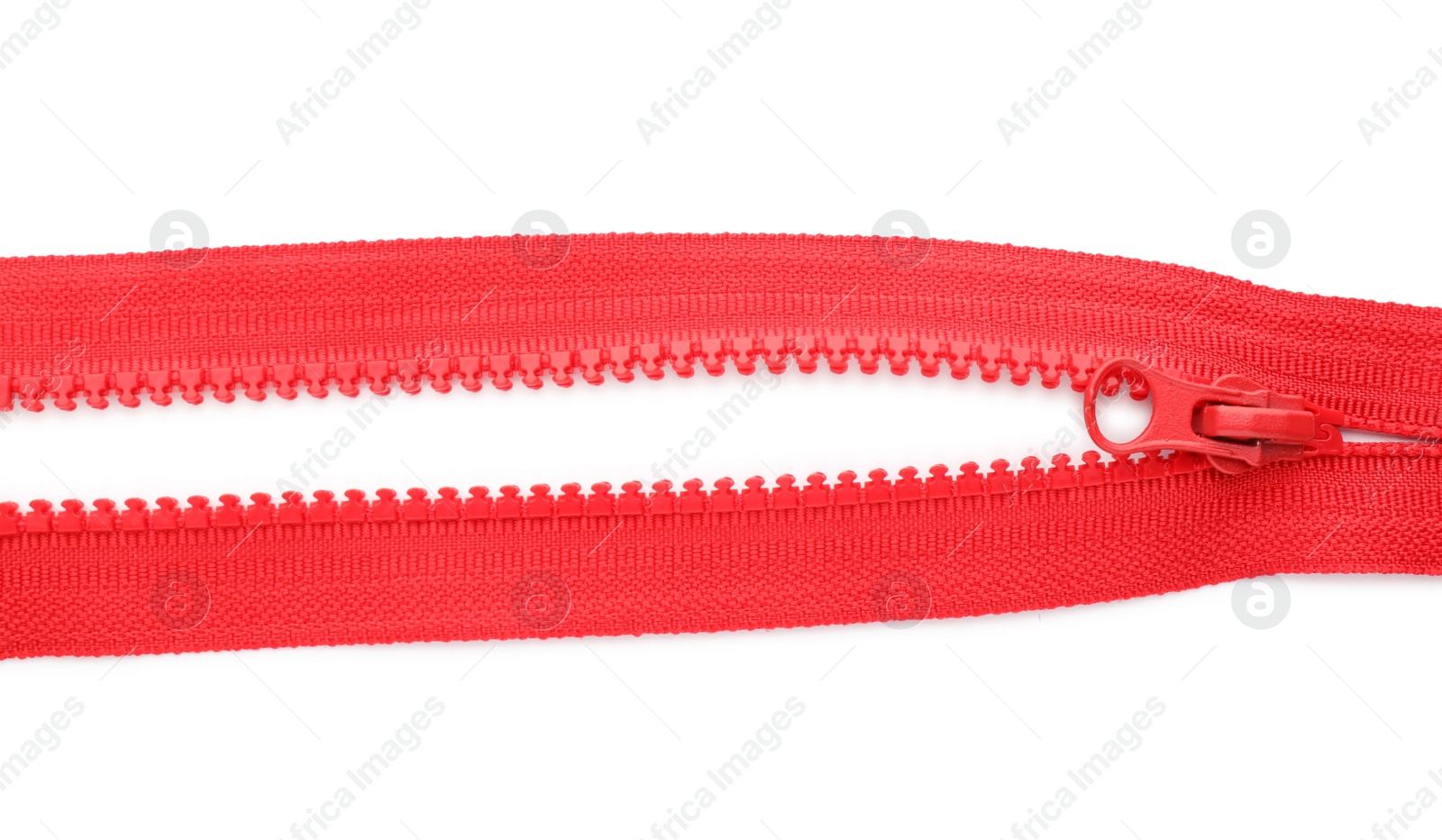 Photo of Red zipper on white background, top view