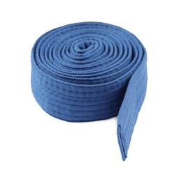 Blue karate belt isolated on white. Martial arts uniform