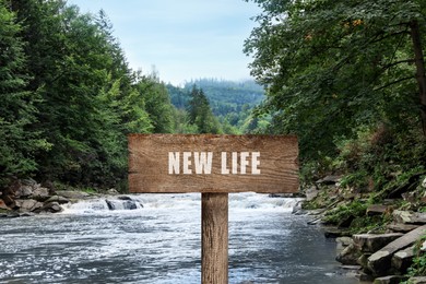 Image of Start to live without alcohol addiction. Wooden signpost with inscription NEW LIFE near wild mountain river
