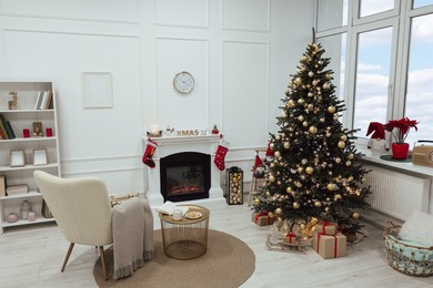 Photo of Living room interior with beautiful Christmas tree and festive decor