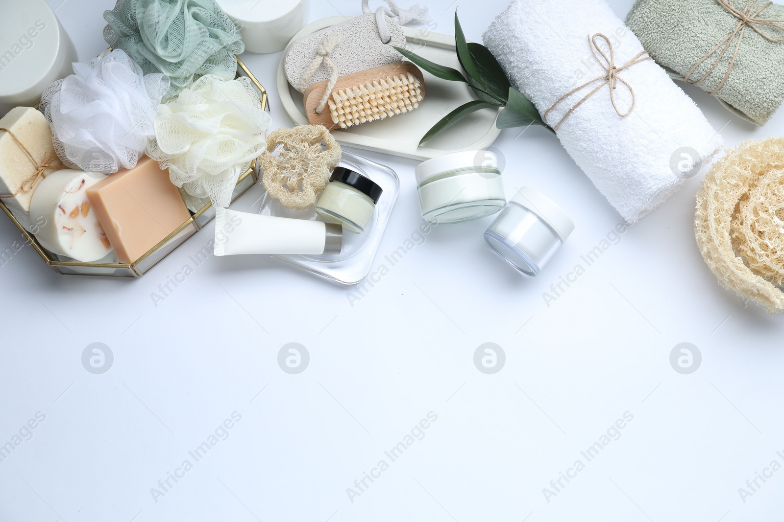 Photo of Bath accessories. Flat lay composition with personal care products on white background, space for text