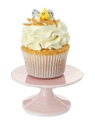 Tasty Easter cupcake with vanilla cream isolated on white