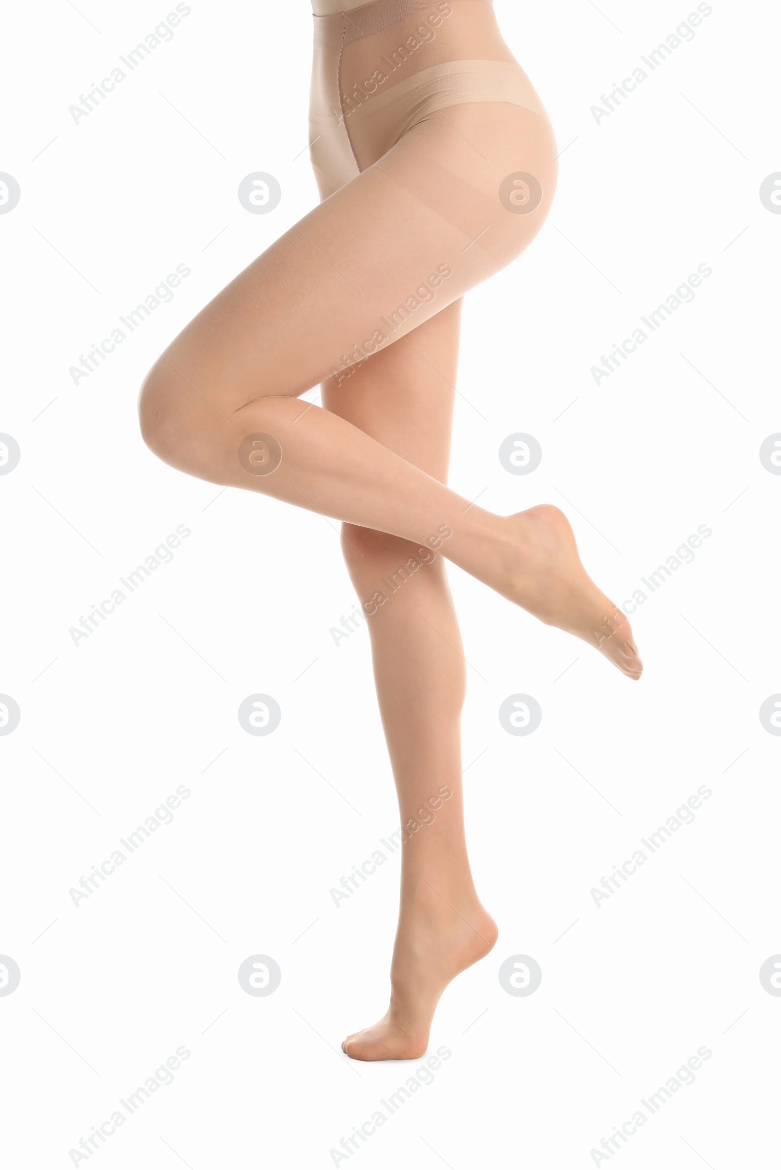 Photo of Woman wearing tights isolated on white, closeup of legs