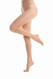 Photo of Woman wearing tights isolated on white, closeup of legs