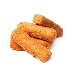 Photo of Pile of tasty cheese sticks isolated on white