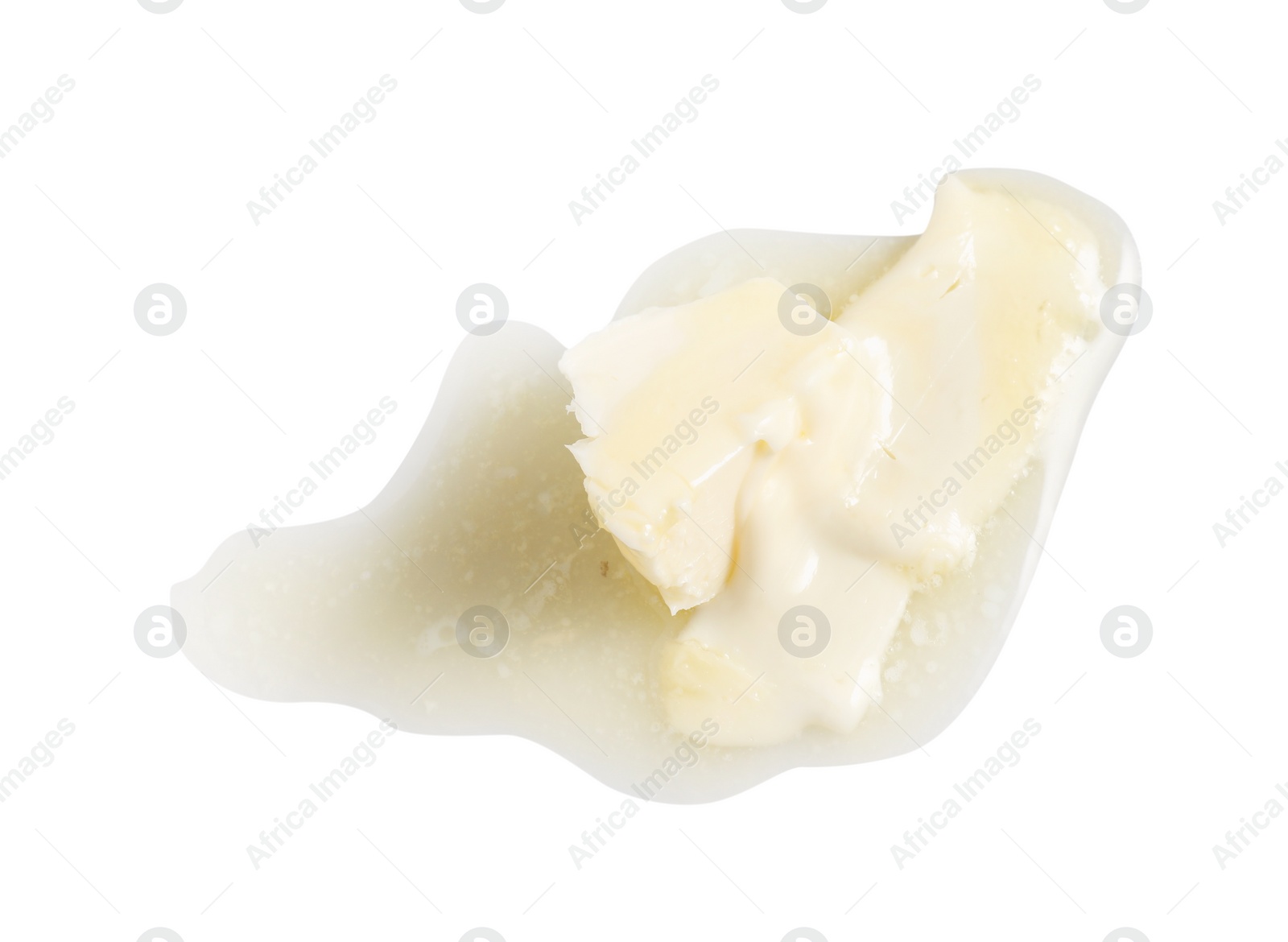 Photo of Piece of melting butter on white background, top view