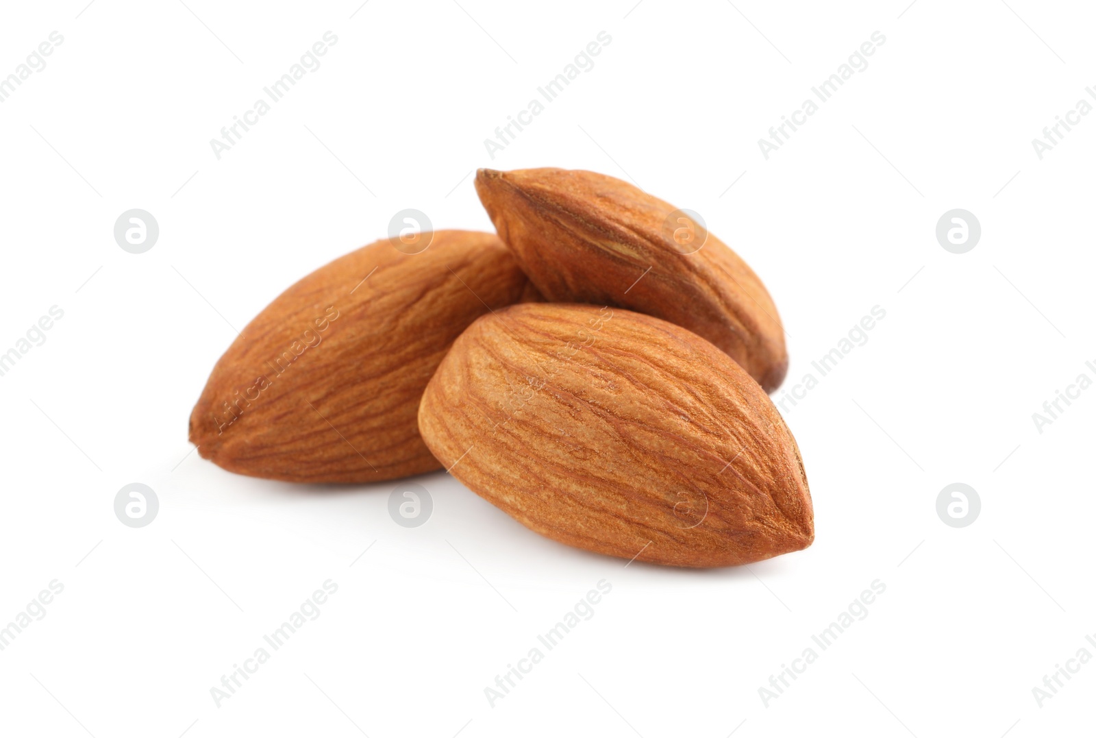 Photo of Organic almond nuts on white background, closeup. Healthy snack