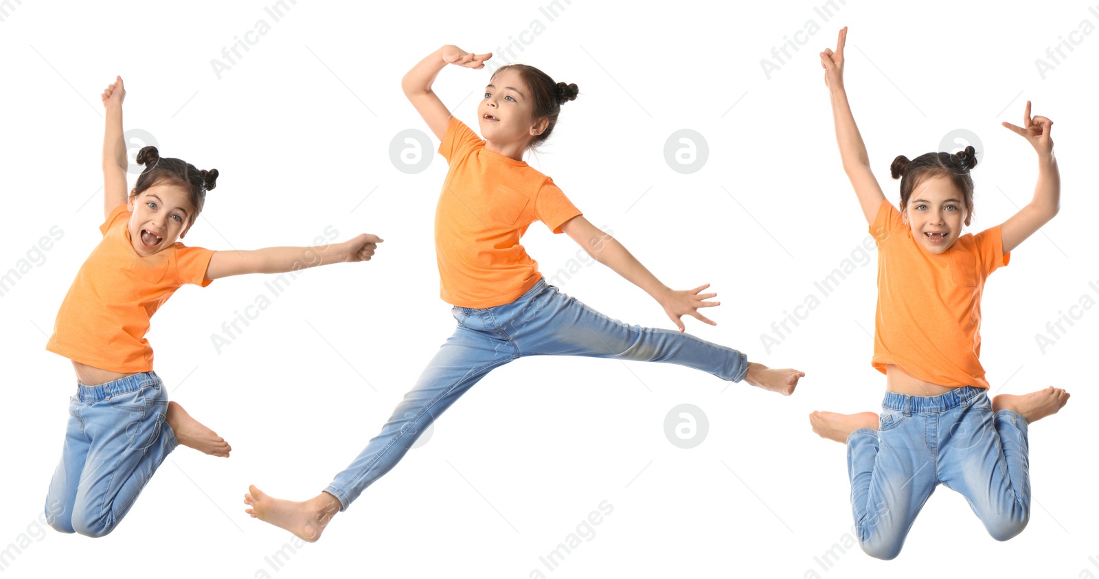 Image of Cute little girl jumping on white background, collage. Banner design