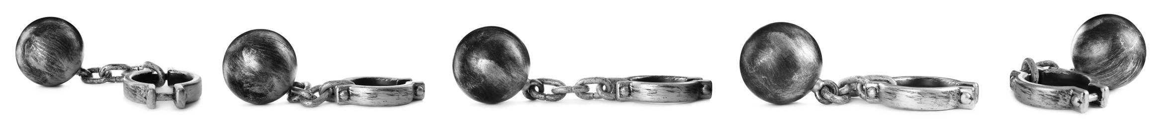 Image of Set with metal balls and chains on white background, banner design 