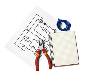 Photo of Wiring diagram, wires, pliers and notepad isolated on white, top view