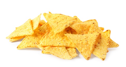 Photo of Pile of tasty Mexican nachos chips on white background