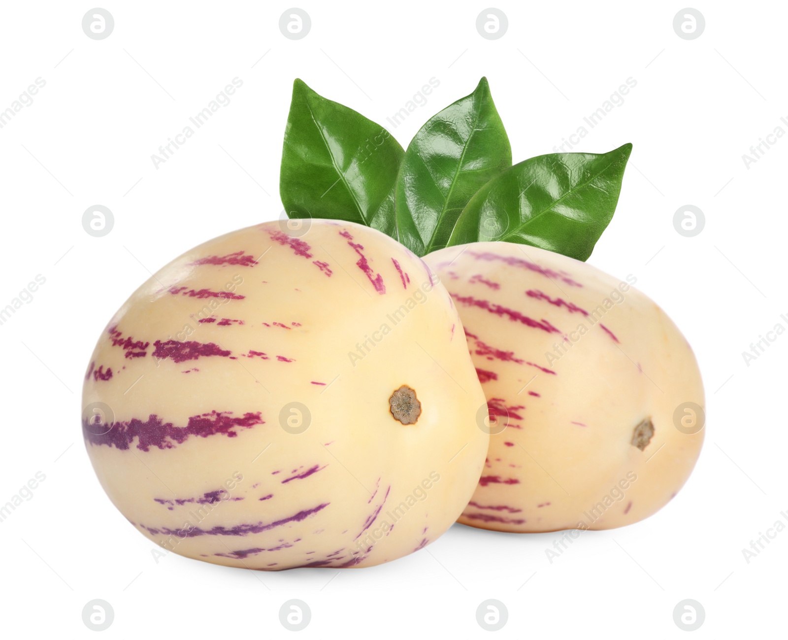 Image of Fresh ripe pepino melons and green leaves on white background