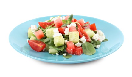 Photo of Delicious salad with watermelon, arugula and feta cheese isolated on white