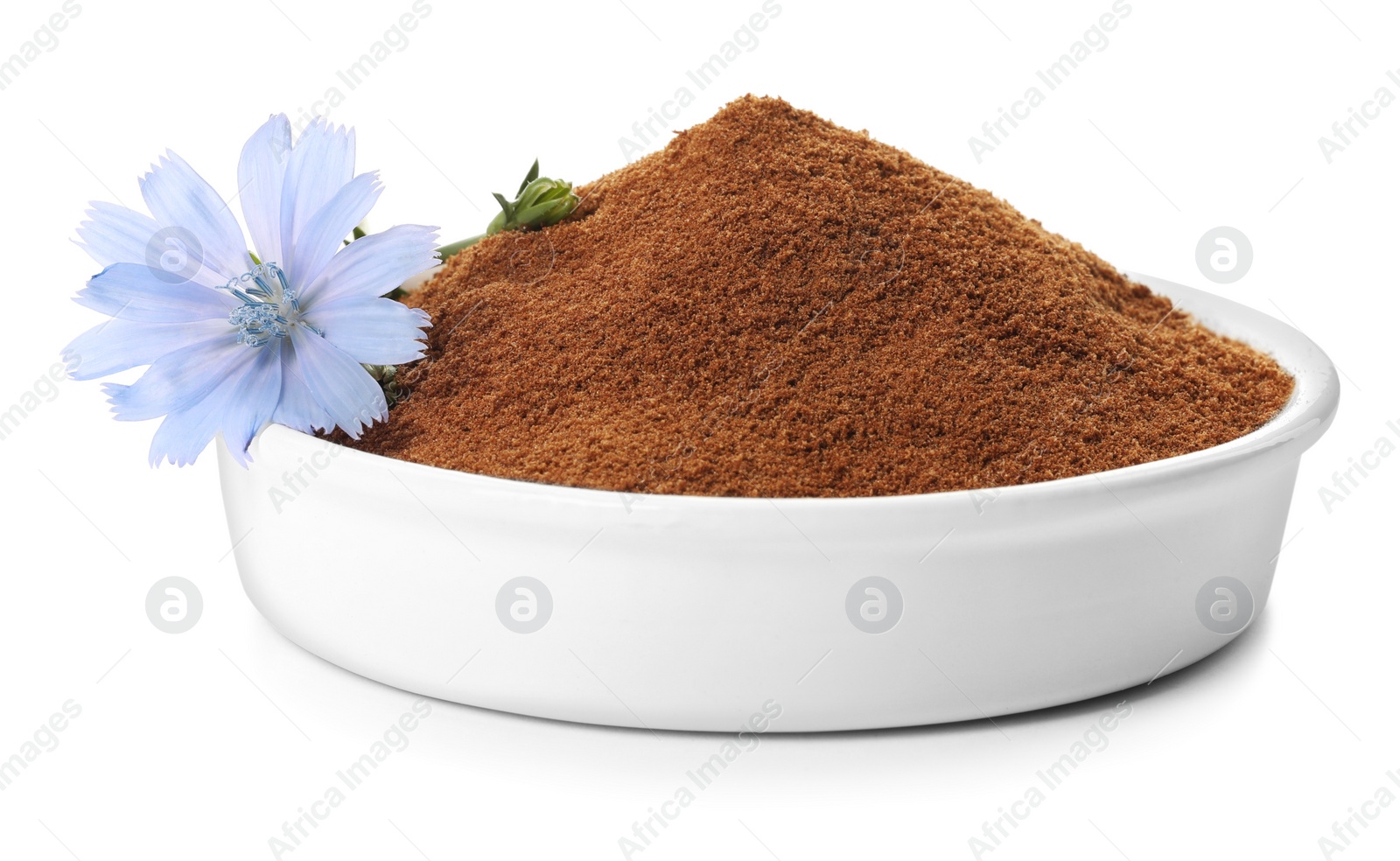 Photo of Plate of chicory powder and flower on white background