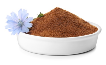Plate of chicory powder and flower on white background