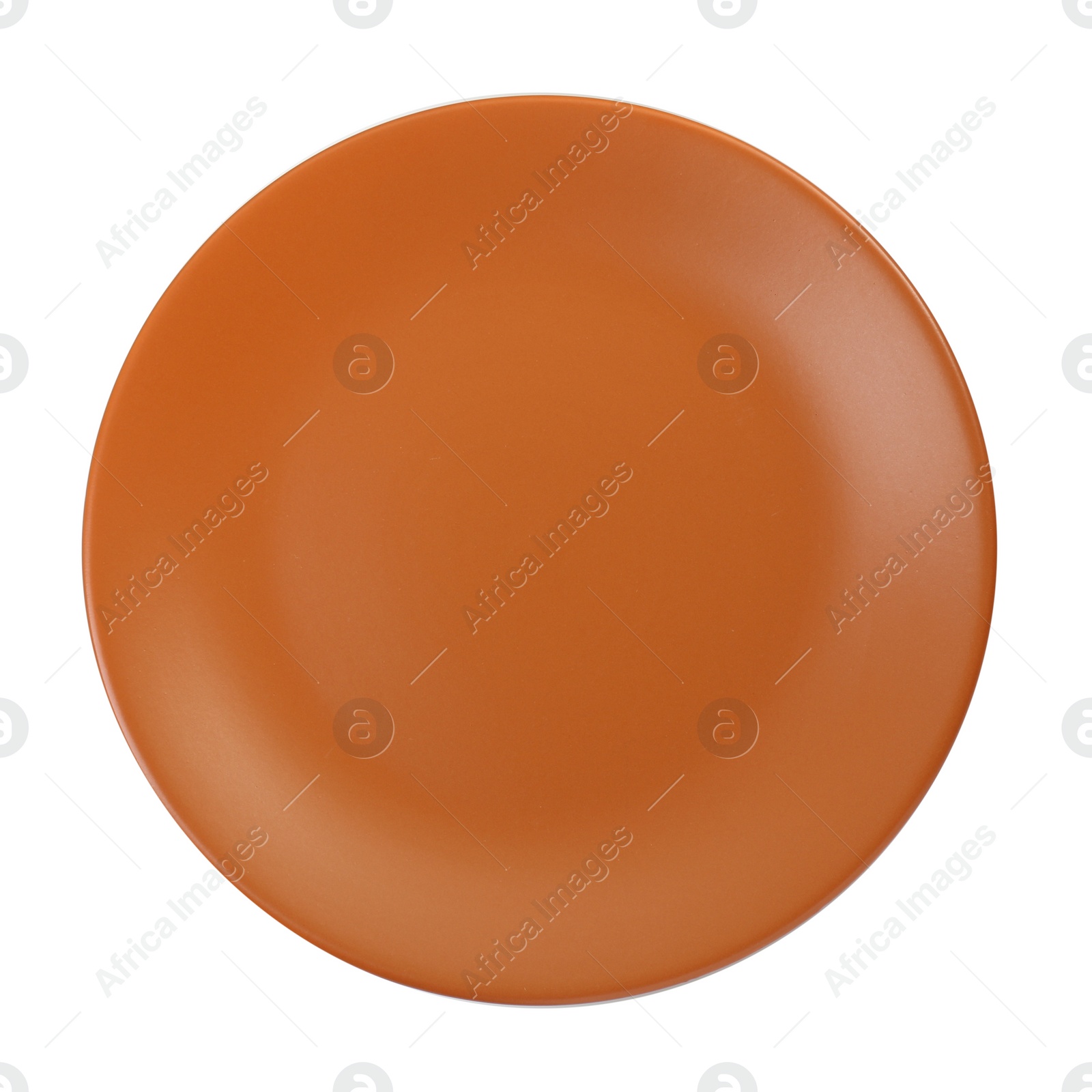 Photo of One orange ceramic plate isolated on white, top view