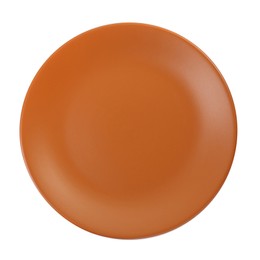 Photo of One orange ceramic plate isolated on white, top view