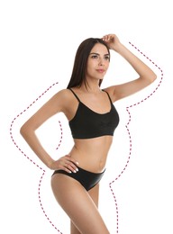 Image of Young slim woman in underwear after weight loss on white background. Healthy diet