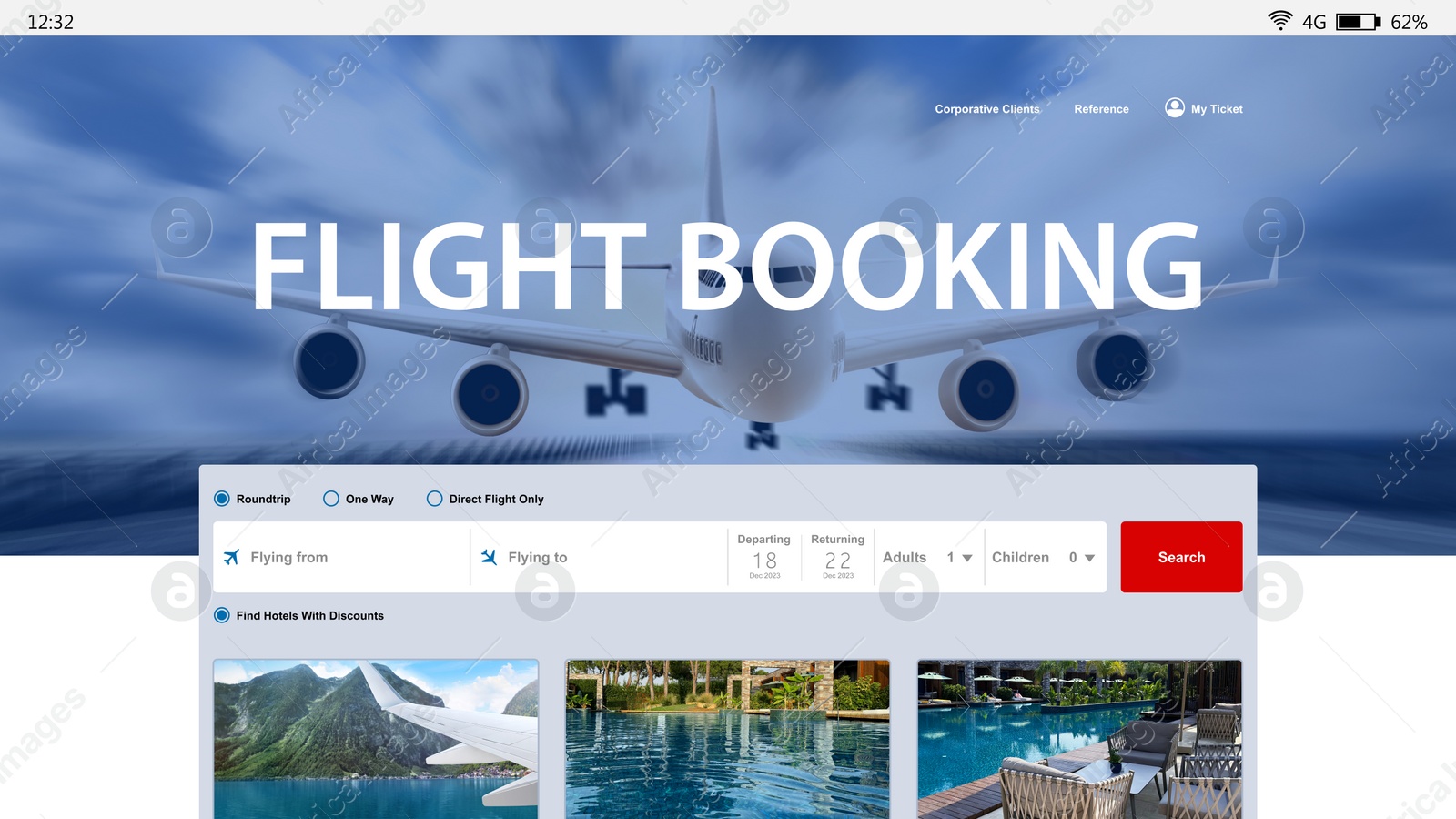 Image of Online flight booking website interface with information