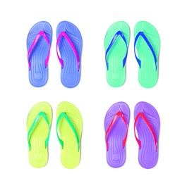 Image of Set with different colorful flip flops on white background, top view