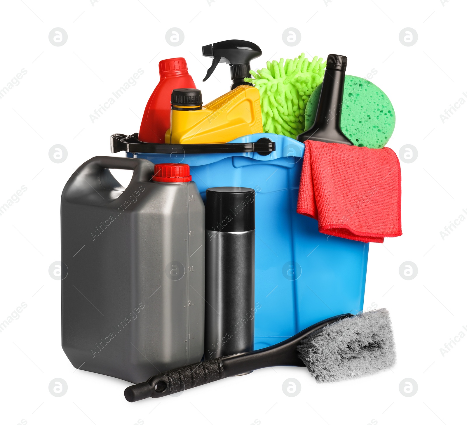 Photo of Light blue bucket and many different car wash products on white background