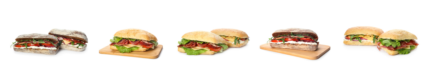 Image of Set of delicious sandwiches on white background. Banner design 