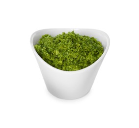 Delicious pesto sauce in bowl isolated on white