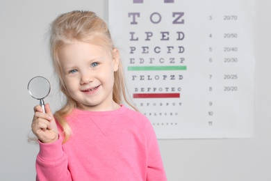 Photo of Little girl with magnifier visiting children's doctor, space for text. Eye examination