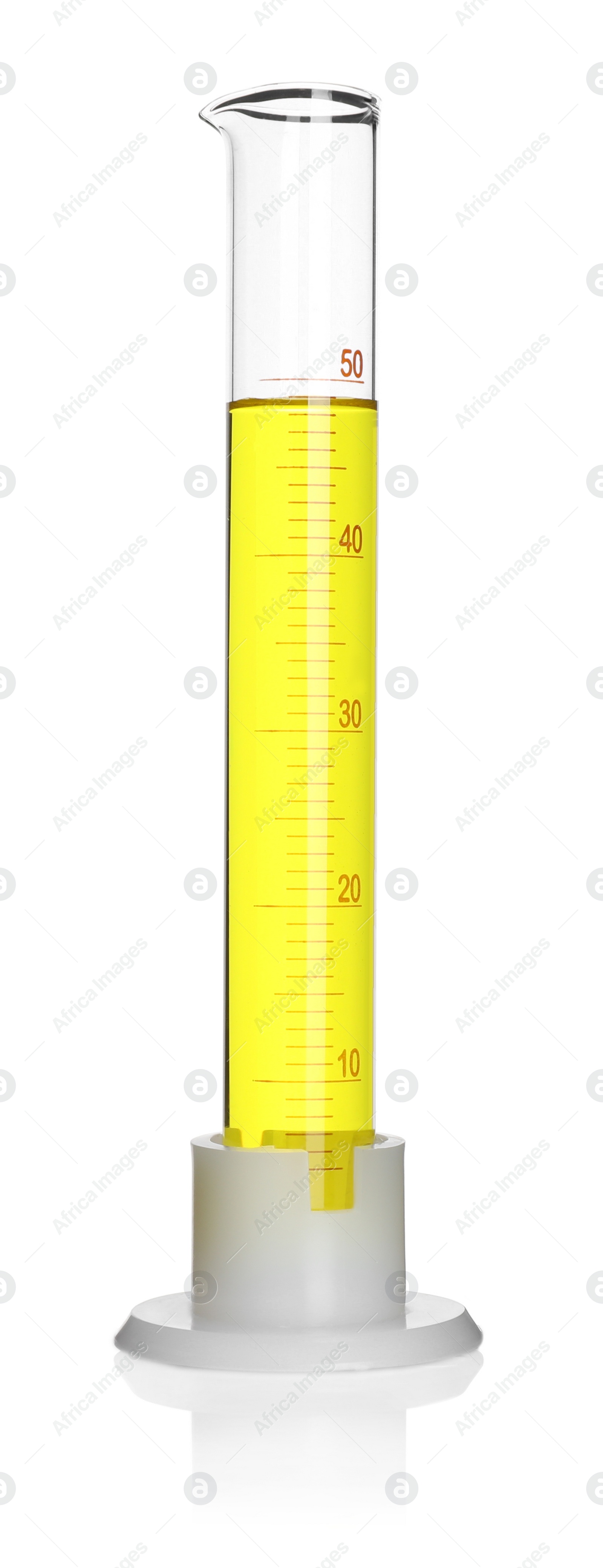 Photo of Glass measuring cylinder with yellow sample isolated on white