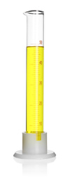 Photo of Glass measuring cylinder with yellow sample isolated on white