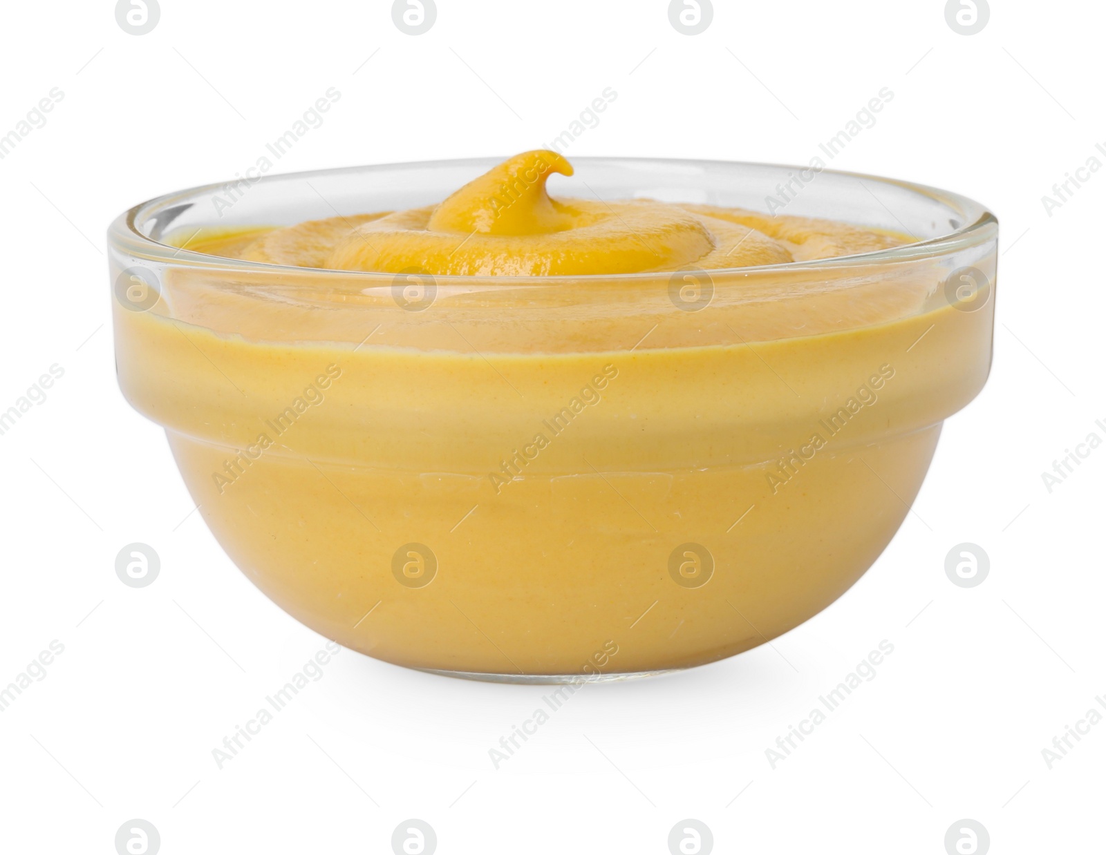 Photo of Fresh tasty mustard sauce in bowl isolated on white