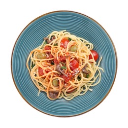 Plate of delicious pasta with anchovies, tomatoes and parmesan cheese isolated on white, top view