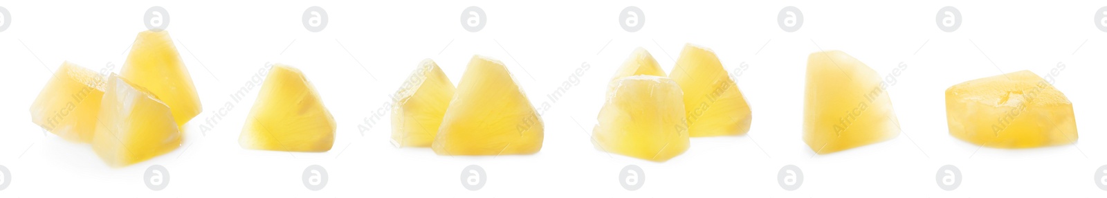 Image of Set of canned pineapple pieces on white background, banner design