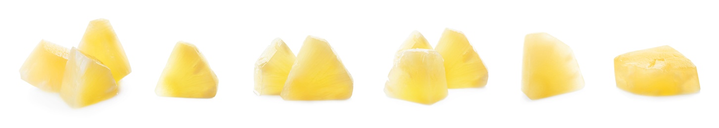 Image of Set of canned pineapple pieces on white background, banner design